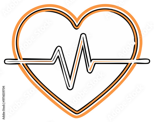 Heart outline with heartbeat line, orange and black colors