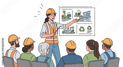 Female engineer presenting sustainable building plans to construction team