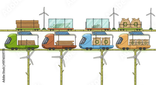 Eco-friendly futuristic cargo trains powered by wind energy
