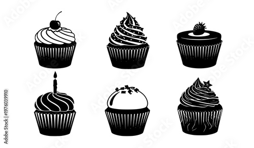 Black cupcake vector illustration silhouette set bakery desserts