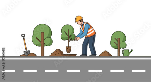 Construction worker planting trees along a roadside in vector illustration