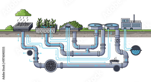 Illustration of Urban Water Management System with Pipes and Buildings