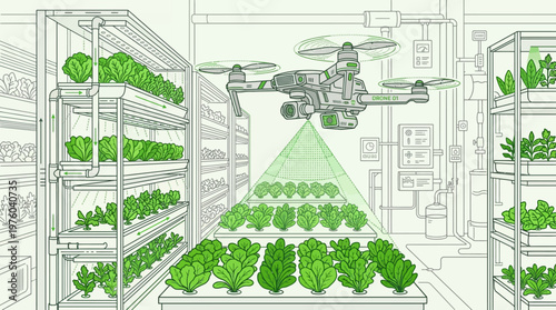 Drone spraying plants in indoor farm.