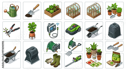 Gardening tools and equipment icons set.