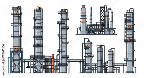Illustration of an industrial complex with tall distillation columns.