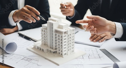 Three professionals in suits discuss a miniature building model on a table with blueprints