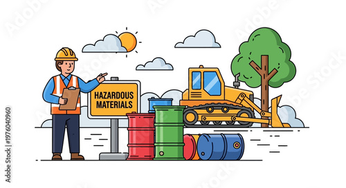 Construction worker managing hazardous materials near bulldozer and barrels