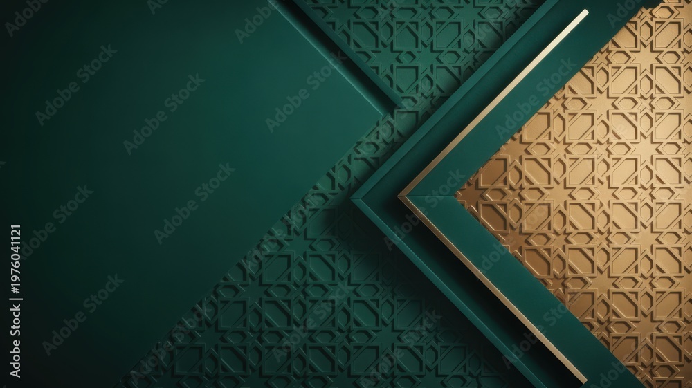 Fototapeta premium Emerald Green and Gold Geometric Pattern Background with Islamic Motifs and Copy Space