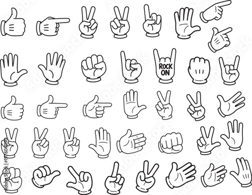 Collection of minimalist cartoon gloved hand gestures and sign icons