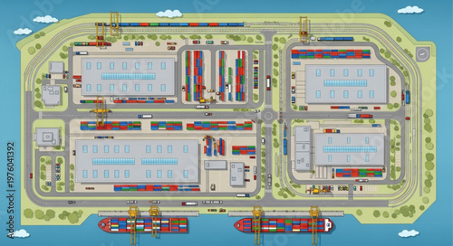 Aerial View of a Busy Container Port with Ships and Cargo.