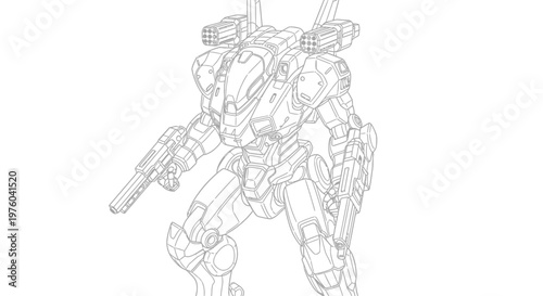 Futuristic Mech Warrior Robot Line Art, Sci-Fi Combat Machine, Futuristic Soldier