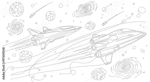 Cosmic Spacecraft Journey: Spaceships, Galaxies, Planets, and Asteroids Illustration