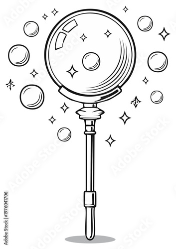 Crystal ball on a decorative stick with stars and bubbles illustration