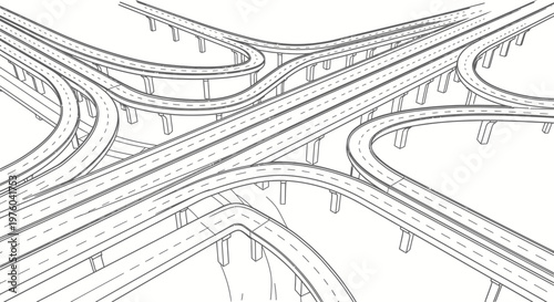 Complex Highway Interchange and Overpass Network Line Art, Isolated White Background