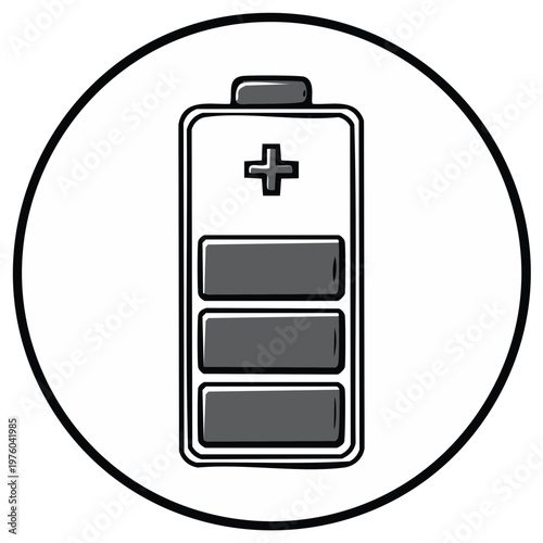 Stylized battery charge indicator icon with three power bars and positive symbol