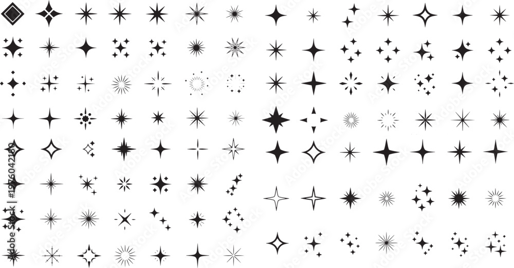Fototapeta premium Minimal star sparkle icons set, geometric twinkle shapes vector collection