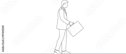 Continuous one line drawing of businessman carrying briefcase. Editable stroke outline style. Draw thin linear width. Doodle hand drawn vector illustration