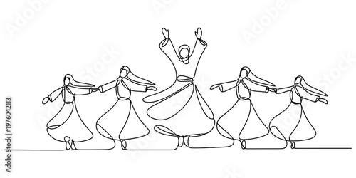 A single continuous line drawing featuring a group of dervishes performing a spiritual dance. Vector, illustration