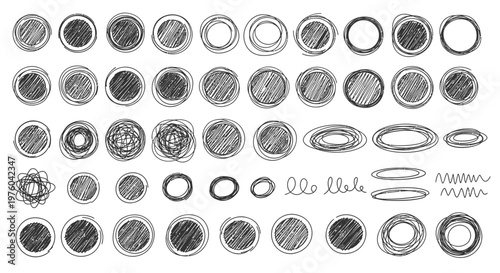 Large set of hand drawn sketchy scribble circles rings and oval shapes isolated on white background for design elements
