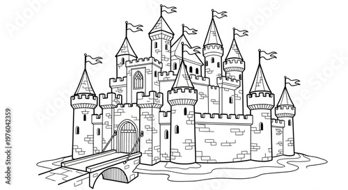 Black and white illustration of a fairy tale castle with flags.