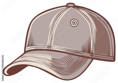 Illustrated baseball cap artwork, vintage style in shades of brown and gray.