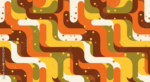 Retro geometric pattern with vintage 70s wavy lines and dots