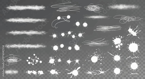 Comprehensive Set of White Paint Splatters, Spray Textures, and Artistic Scribbles Isolated on a Transparent Grid Background