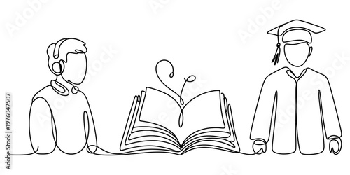A single continuous line drawing of a student with headphones next to an open book and graduate Vector, illustration
