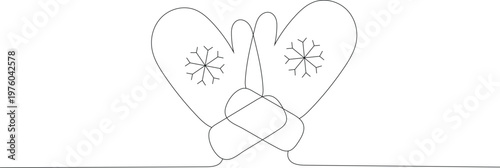 Continuous one line drawing of mittens with heart pattern. Simple outline style. Single contour art. Doodle hand drawn vector illustration