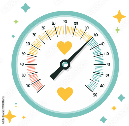 Vibrant love meter with needle pointing high indicating emotional well-being or happiness