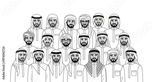 Group of Arab men in traditional attire, portrait illustration.