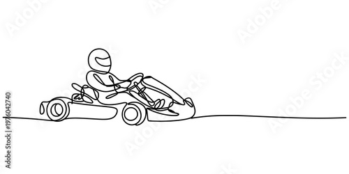 A continuous single line drawing of a professional driver racing in a small fast go kart vehicle Vector, illustration