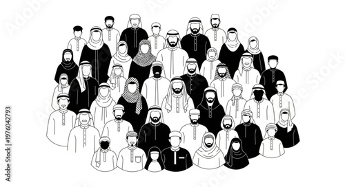 Group of Arab men in traditional attire, portrait illustration.