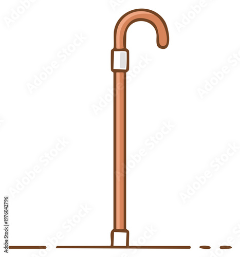 Classic curved handle walking cane providing mobility support and assistance simple illustration
