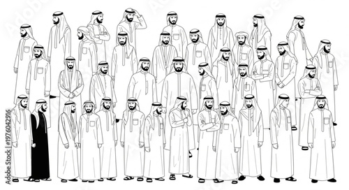 Group of Arab men in traditional attire posing for a photo.