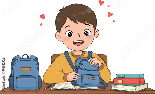 Happy school boy packing backpack at desk with books, education concept cute cartoon illustration design