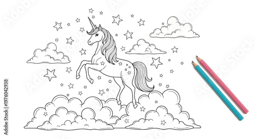 Magical unicorn jumping over clouds coloring page for kids