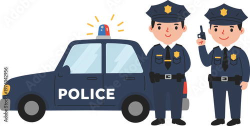 Police officers with patrol car and siren, law enforcement cartoon illustration safety security service concept
