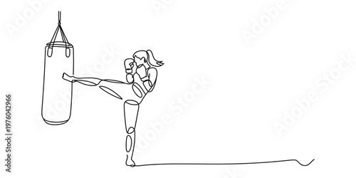 A single continuous line drawing of a female athlete performing a powerful kick on a boxing bag Vector, illustration