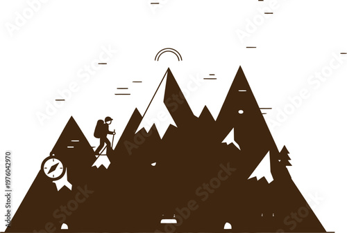 A minimalist black and white vector illustration of a lone hiker climbing steep mountain peaks