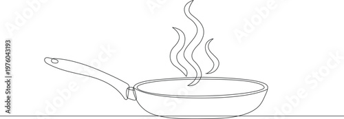 Continuous one line drawing of frying pan with steam. Editable stroke outline style. Draw thin linear width. Doodle hand drawn vector illustration