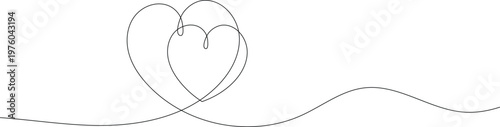 Continuous one line drawing of heart outline with flowing line. Single contour art. Draw thin linear width. Doodle hand drawn vector illustration