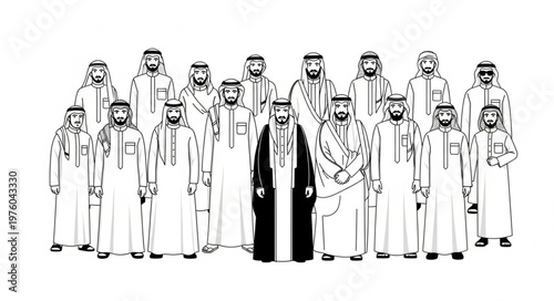 Group of Arab men in traditional attire, posing for a portrait.