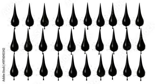 Abstract Grid Pattern of Glossy Black Liquid Drops or Ferrofluid Spikes Isolated on White Background