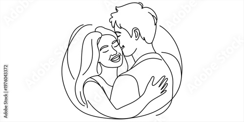 A simple black and white line art illustration of a loving couple embracing each other closely Vector, illustration
