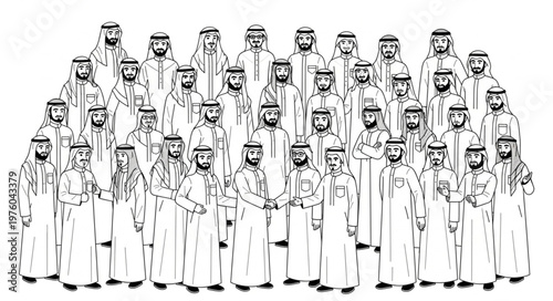 Group of Arab men in traditional attire, posing for a portrait.