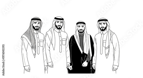Group of Arab men in traditional attire, posing for a portrait.