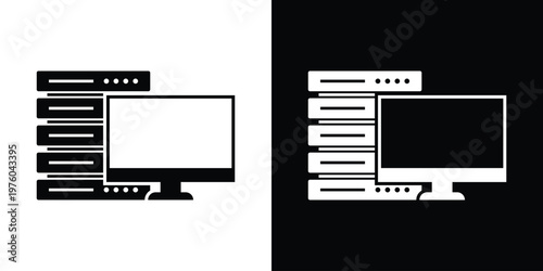 IT infrastructure icon displaying a stack of servers next to a computer monitor. Ideal for representing data centers, database management, web hosting, and mainframe administration.
