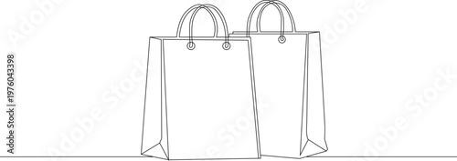 Continuous one line drawing of shopping bags. Editable stroke outline style. Draw thin linear width. Doodle hand drawn vector illustration