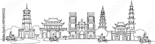 Continuous single line drawing of Hanoi skyline, Vietnam capital city landmark outline